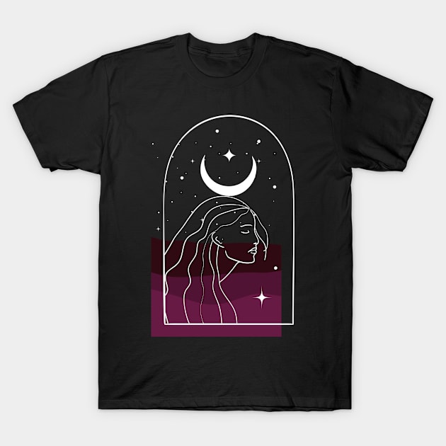 Magenta Boho Desert Landscape & Celestial Woman T-Shirt by Mia Delilah